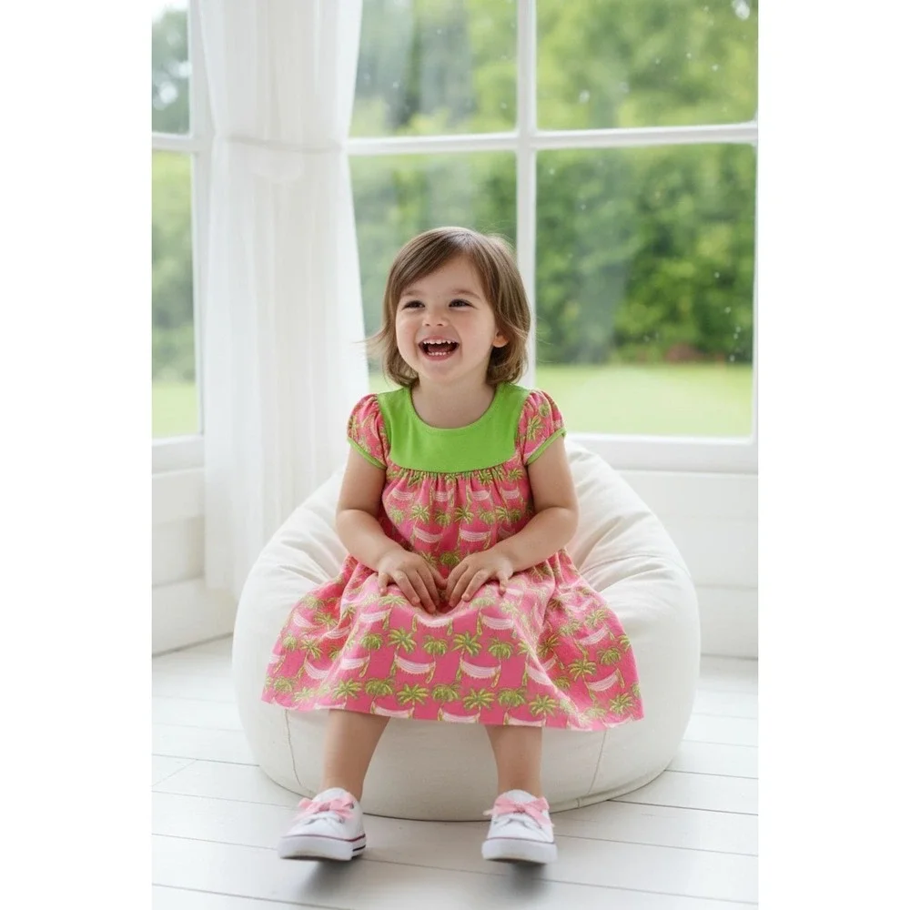Simply Southern Girls' 4T Palm Tree Hammock Knee Length Dress vacation cruise‎